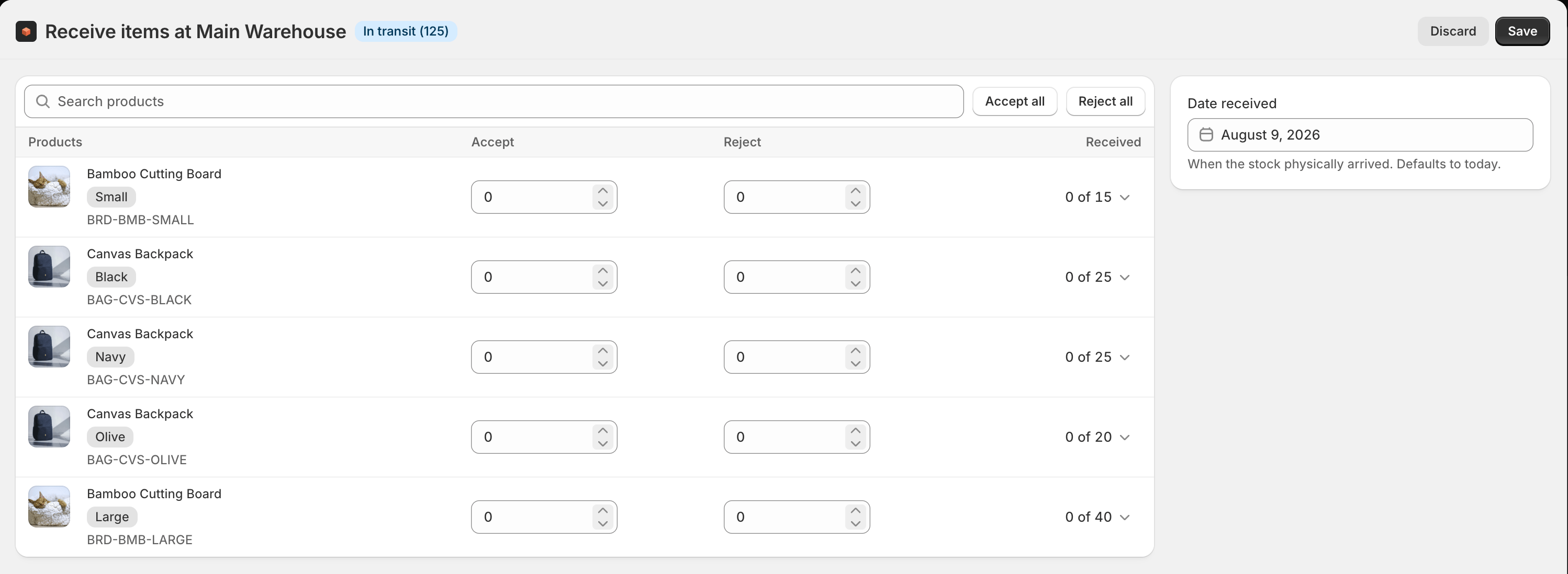 Receiving against a purchase order with per-line quantities