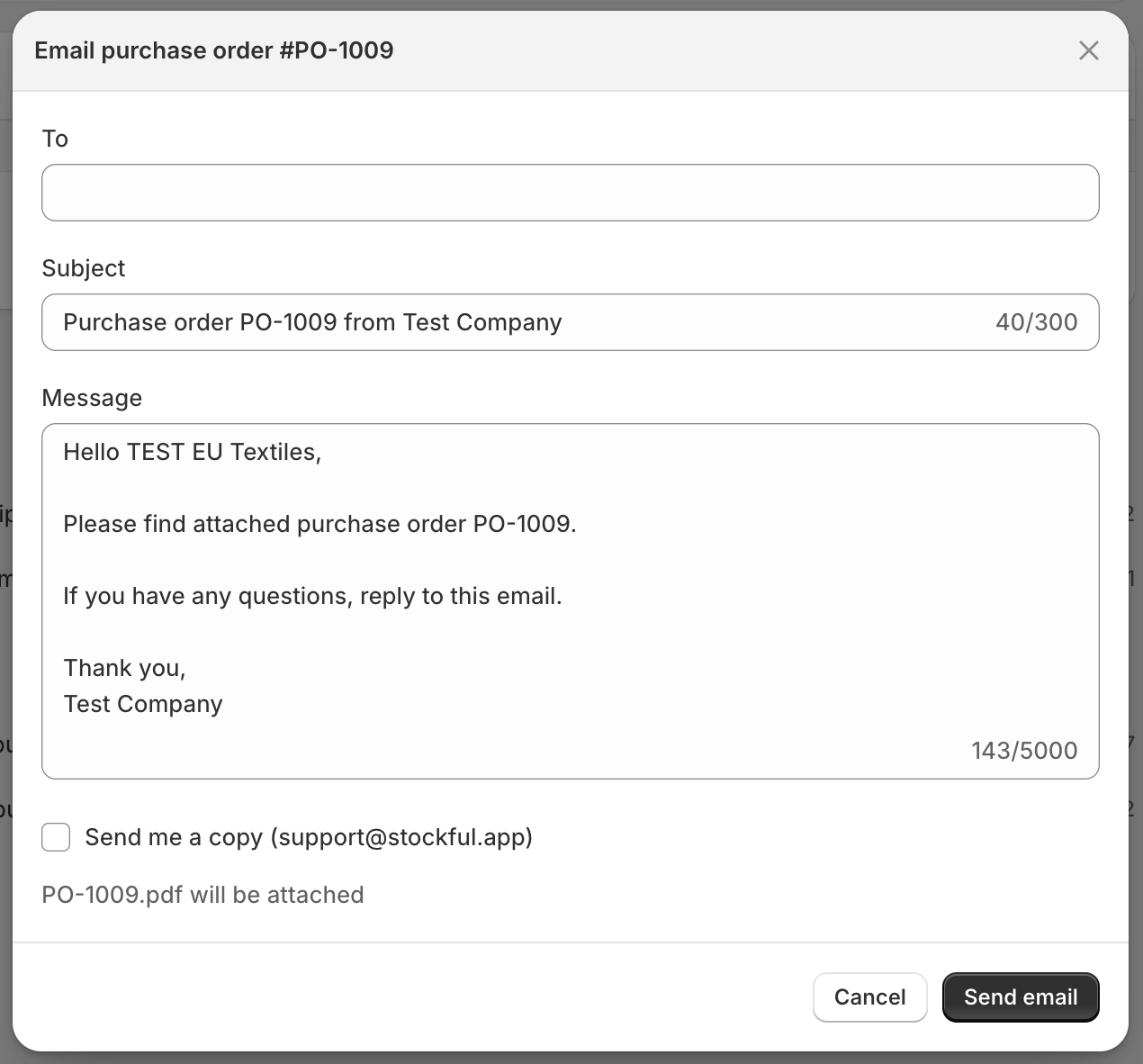 Sending a purchase order to the supplier by email