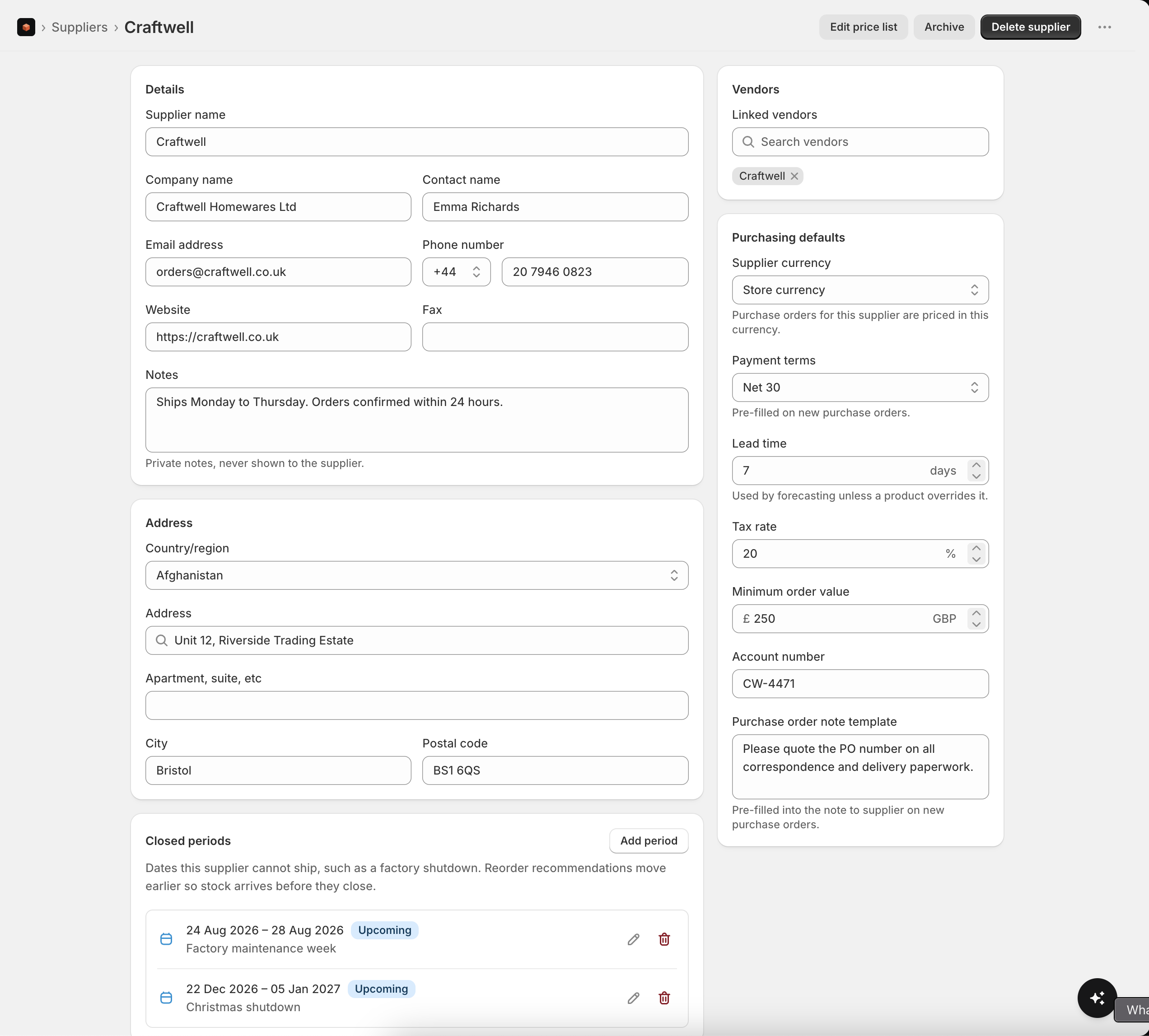 A supplier profile with purchasing defaults and closed periods