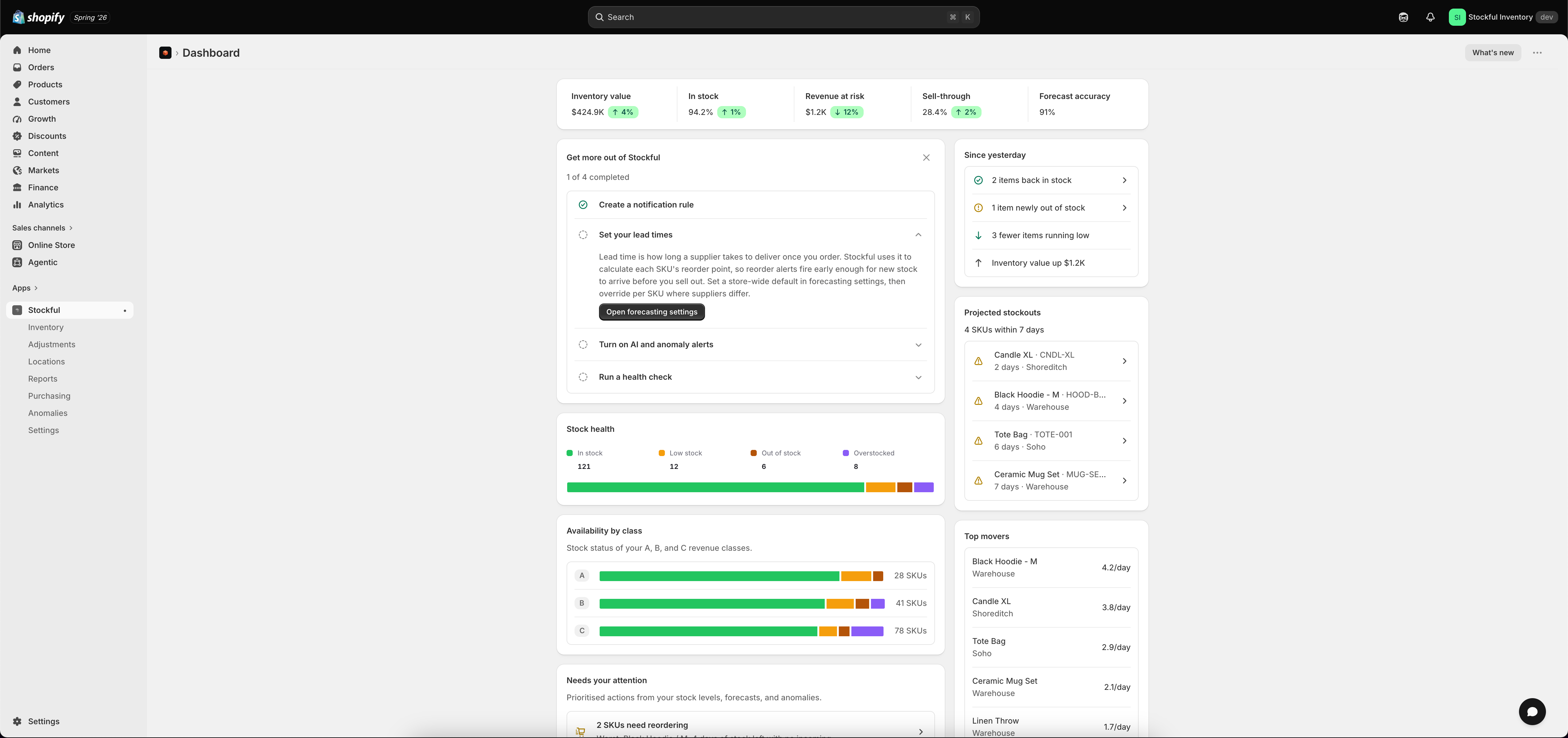 The Stockful app inside Shopify admin, with the sidebar on the left