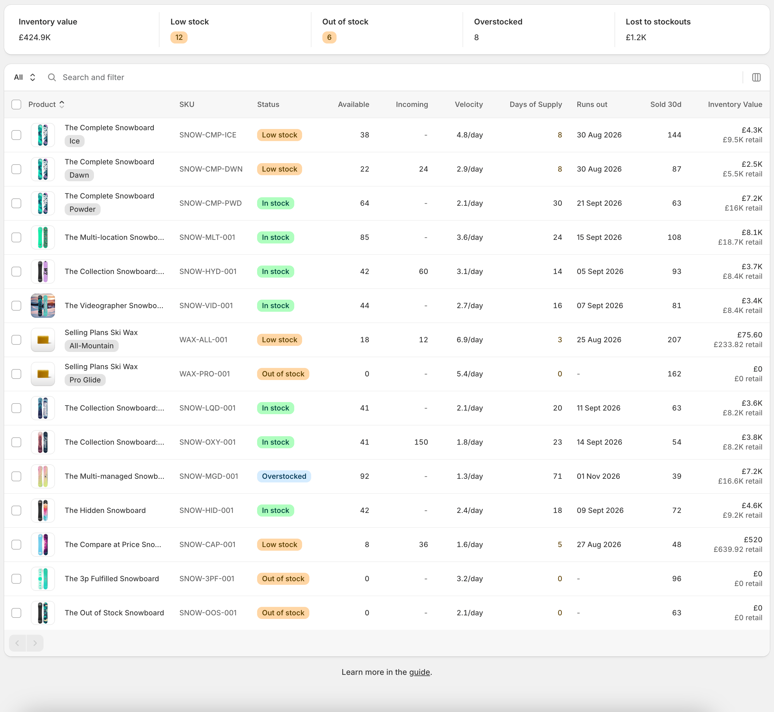 The inventory list with search and filters