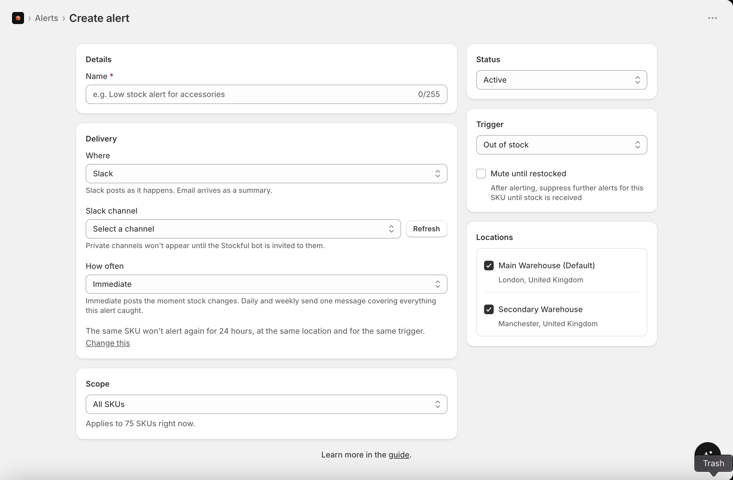 Creating an alert: trigger, scope, and channel