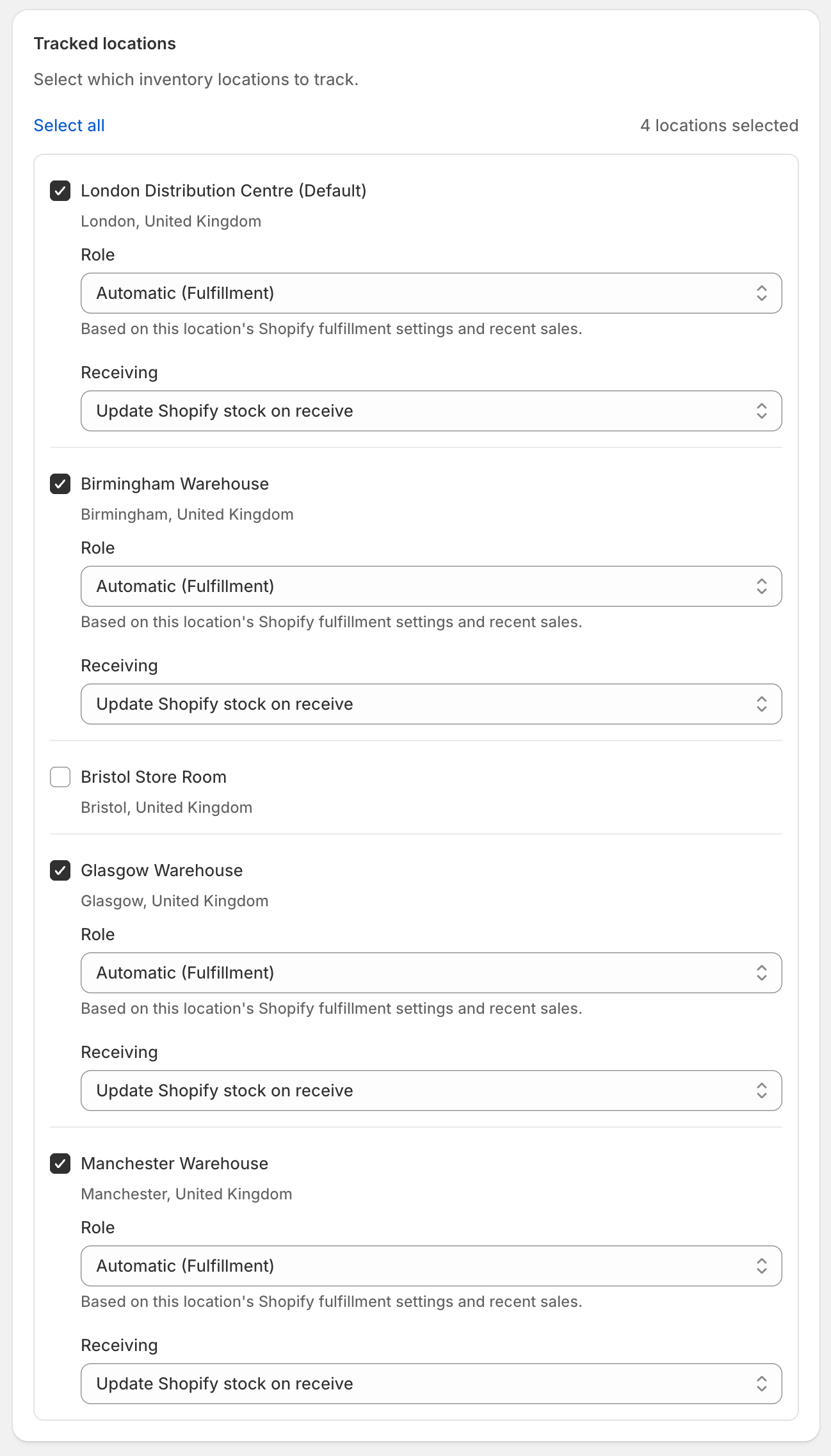 Location tracking settings, one checkbox per location
