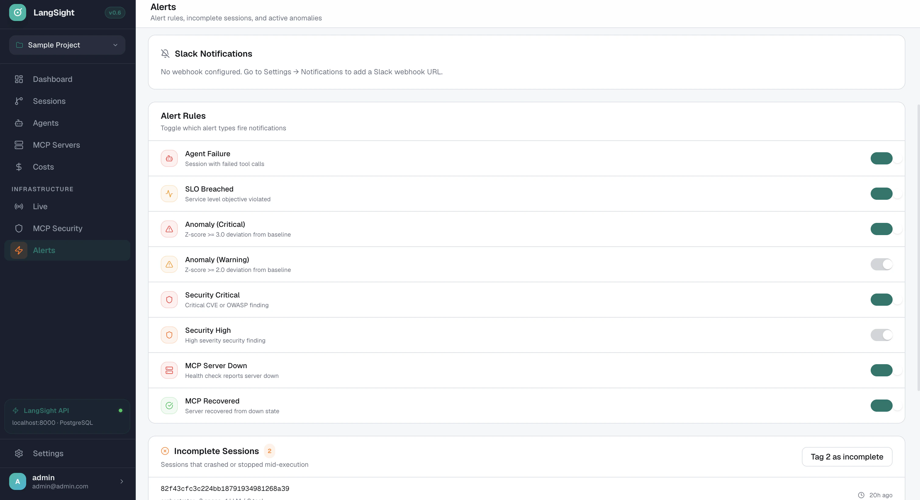 LangSight alerts page — 8 alert rule types with independent toggles and Slack delivery