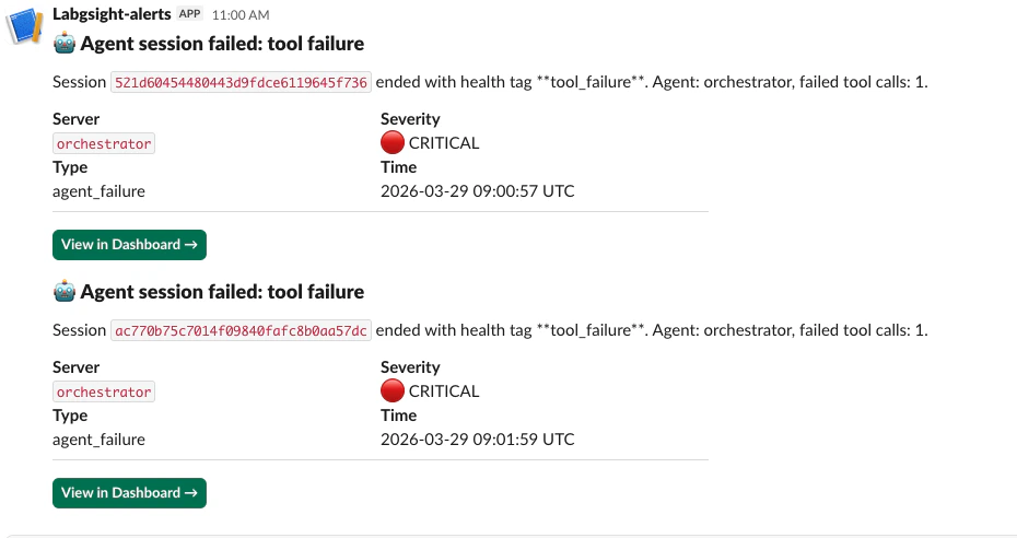 Real LangSight Slack alert — agent session failed: tool failure, CRITICAL severity, with View in Dashboard button