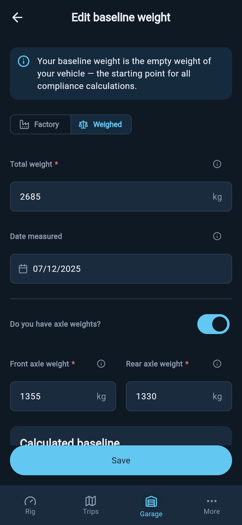 Weighed baseline tab with the axle-weights toggle on and front and rear axle weights entered.
