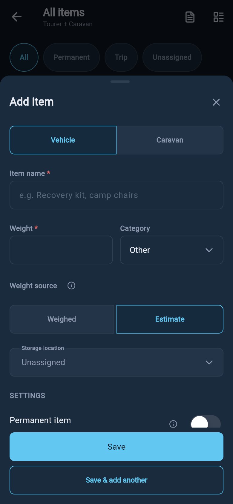 The detailed Add item form with the Permanent item toggle visible