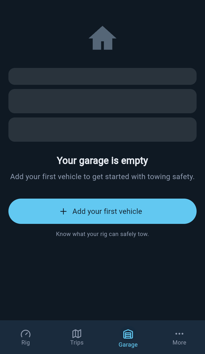 Garage empty state with the option to add the first vehicle.