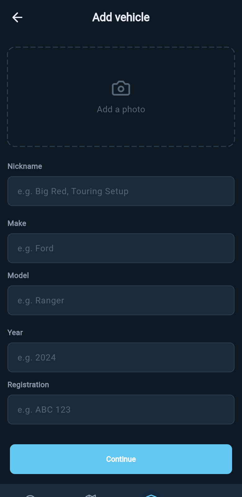 Add vehicle form with a photo, nickname, make, model, year, and registration fields and a Continue button.
