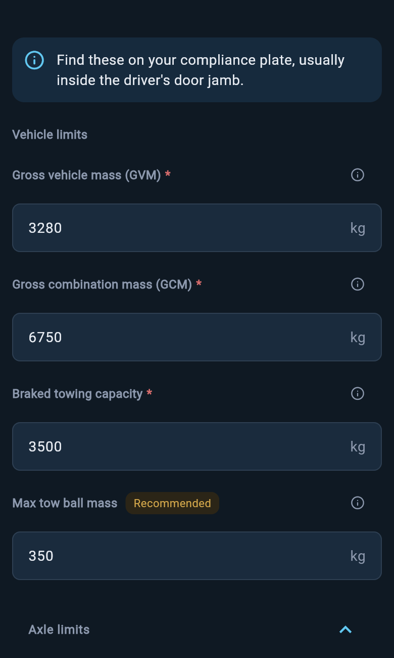 Vehicle specifications form with the compliance-plate banner and legal rating fields.