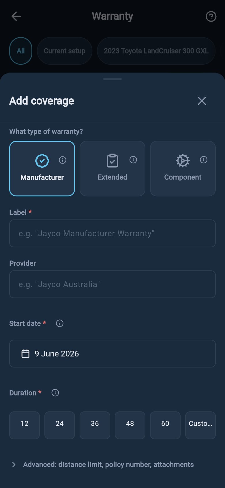 Add coverage sheet showing manufacturer, extended, and component warranty type choices.