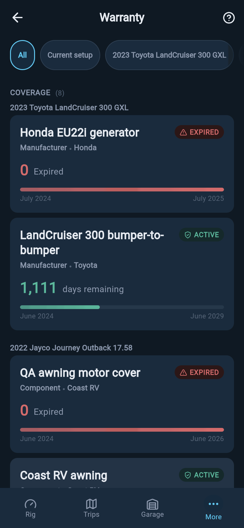Animation showing a component warranty being entered, saved, and added back to the Warranty hub.