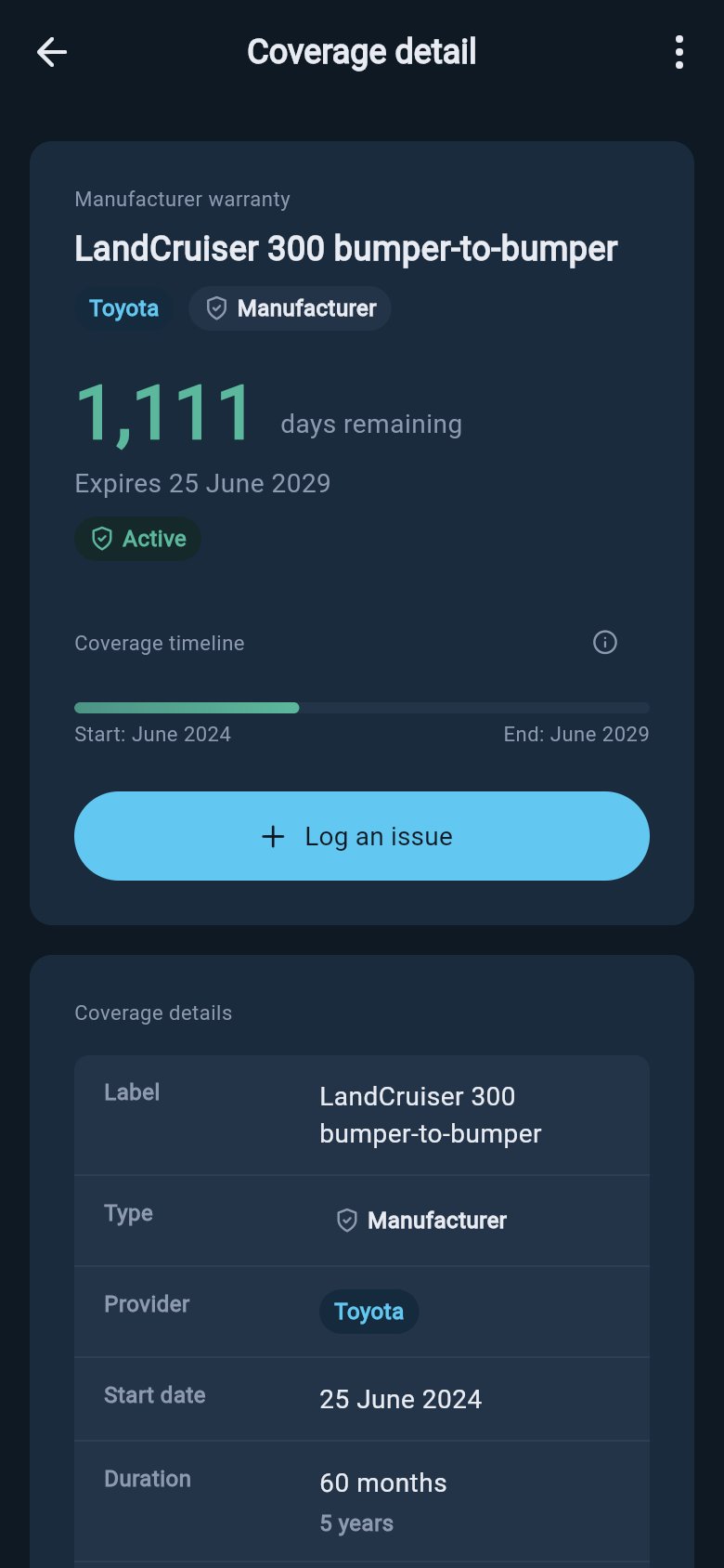 Coverage detail screen showing an active warranty with plenty of time remaining and edit actions available.