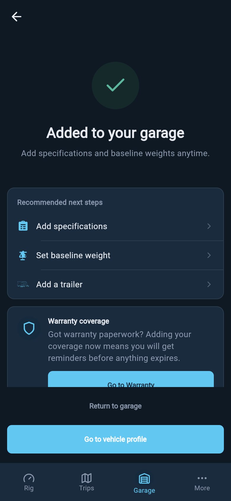 Add-a-vehicle success screen showing the Warranty coverage card with go-to-warranty and skip actions.
