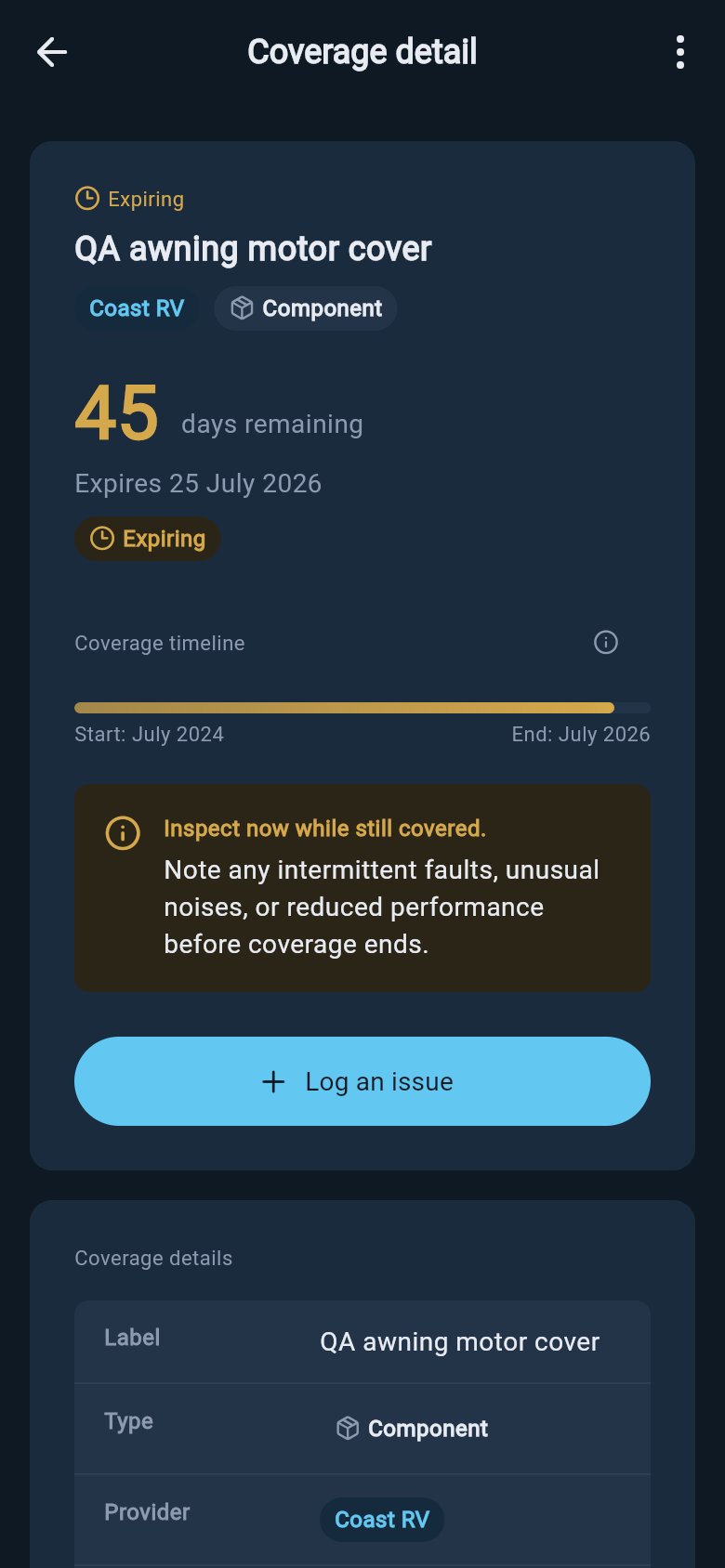 Coverage detail screen showing an amber expiring warranty badge, countdown, and progress bar.