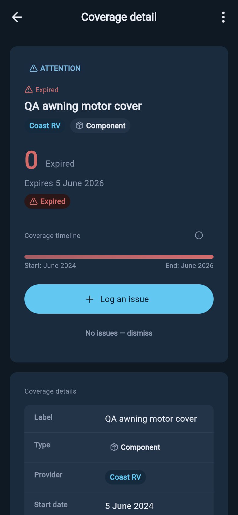 Warranty coverage detail opened from a warning with dismiss and log-an-issue actions visible.
