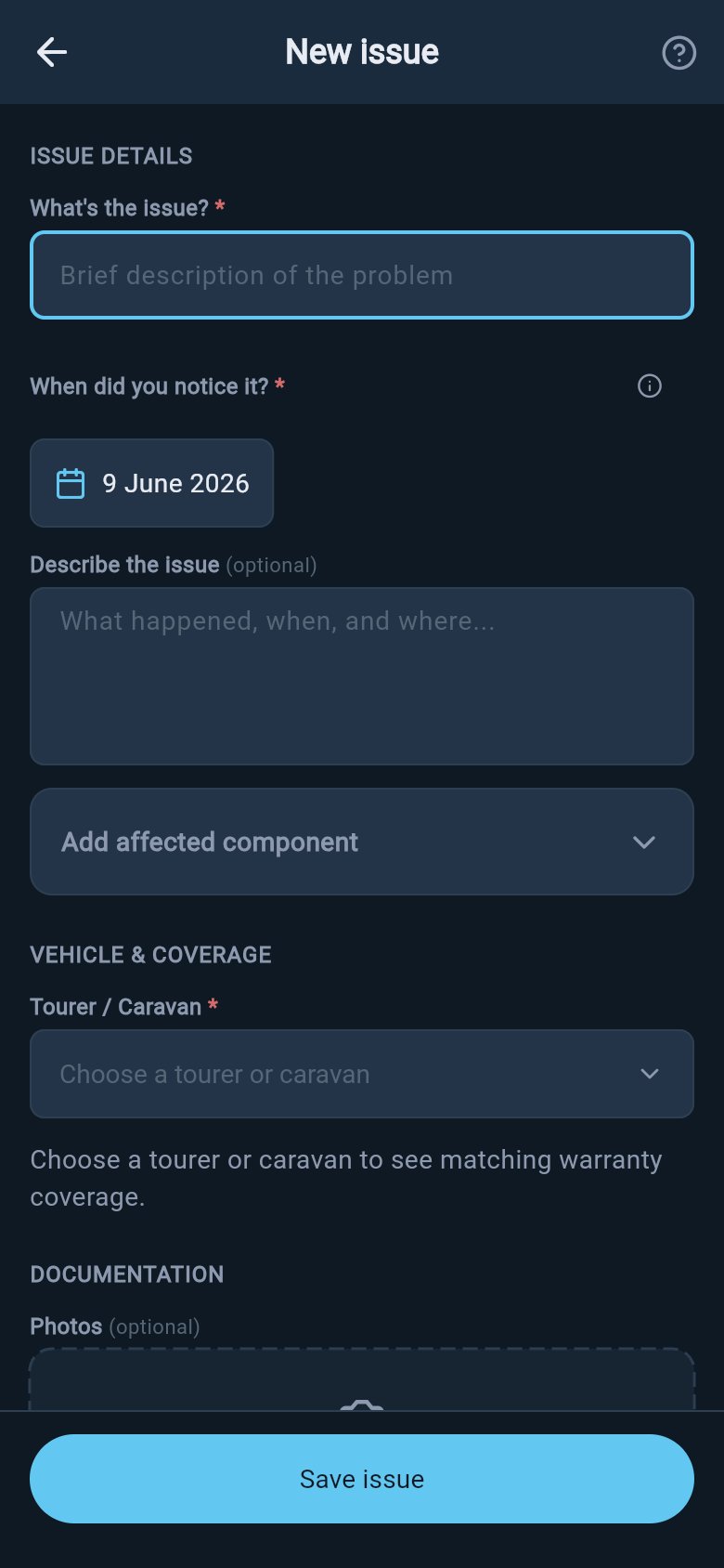 New warranty issue form showing the title, date noticed, description, affected component, and photo controls.