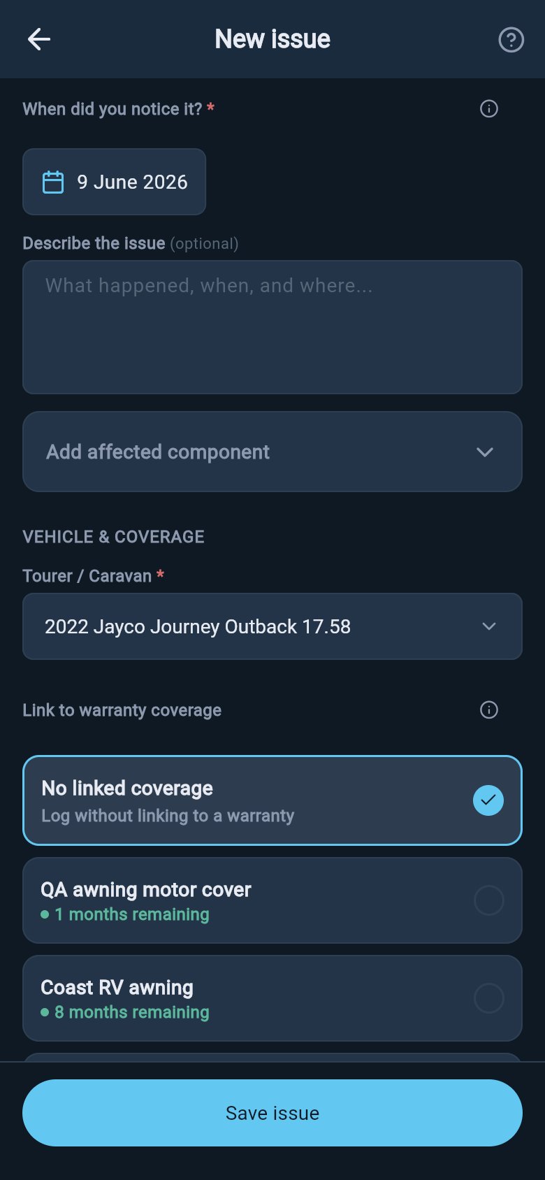 Warranty issue form showing the linked coverage picker with no linked coverage and active coverage options.