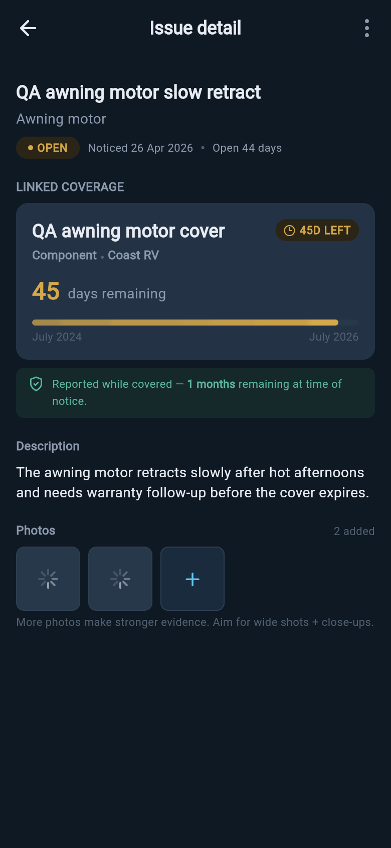 Animation showing a warranty issue opened from detail, edited, and saved.
