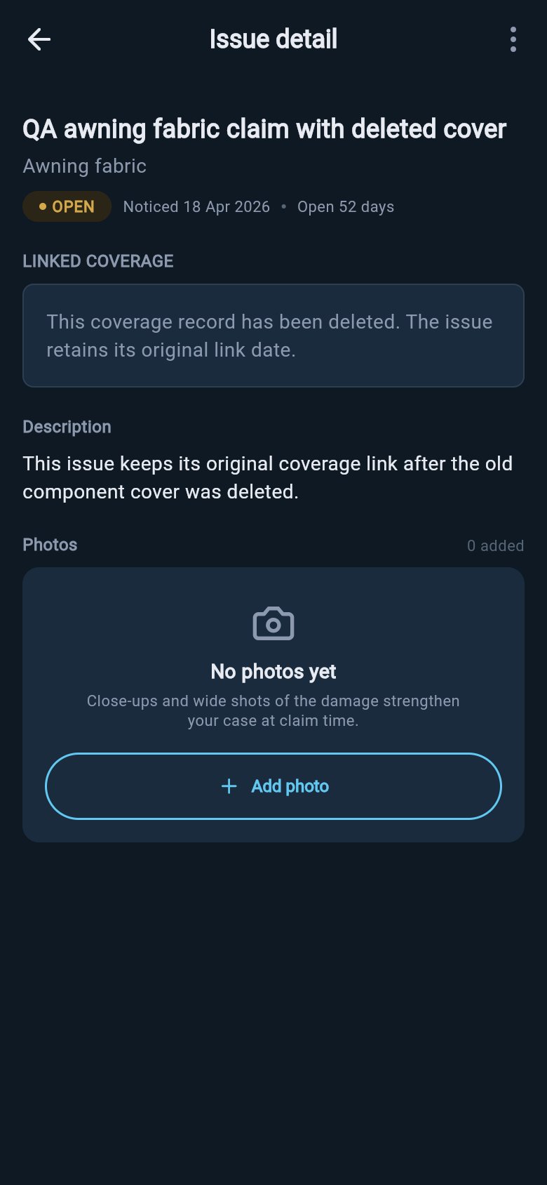 Warranty issue detail showing a linked coverage card for a coverage record that has been deleted.