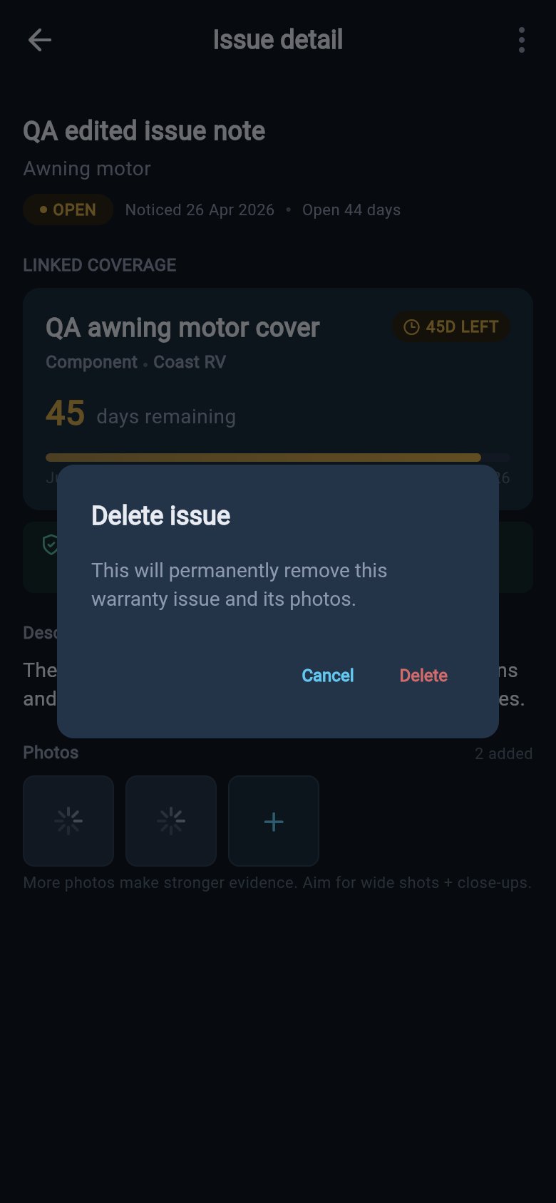 Delete issue confirmation dialog warning that the warranty issue and photos will be permanently removed.