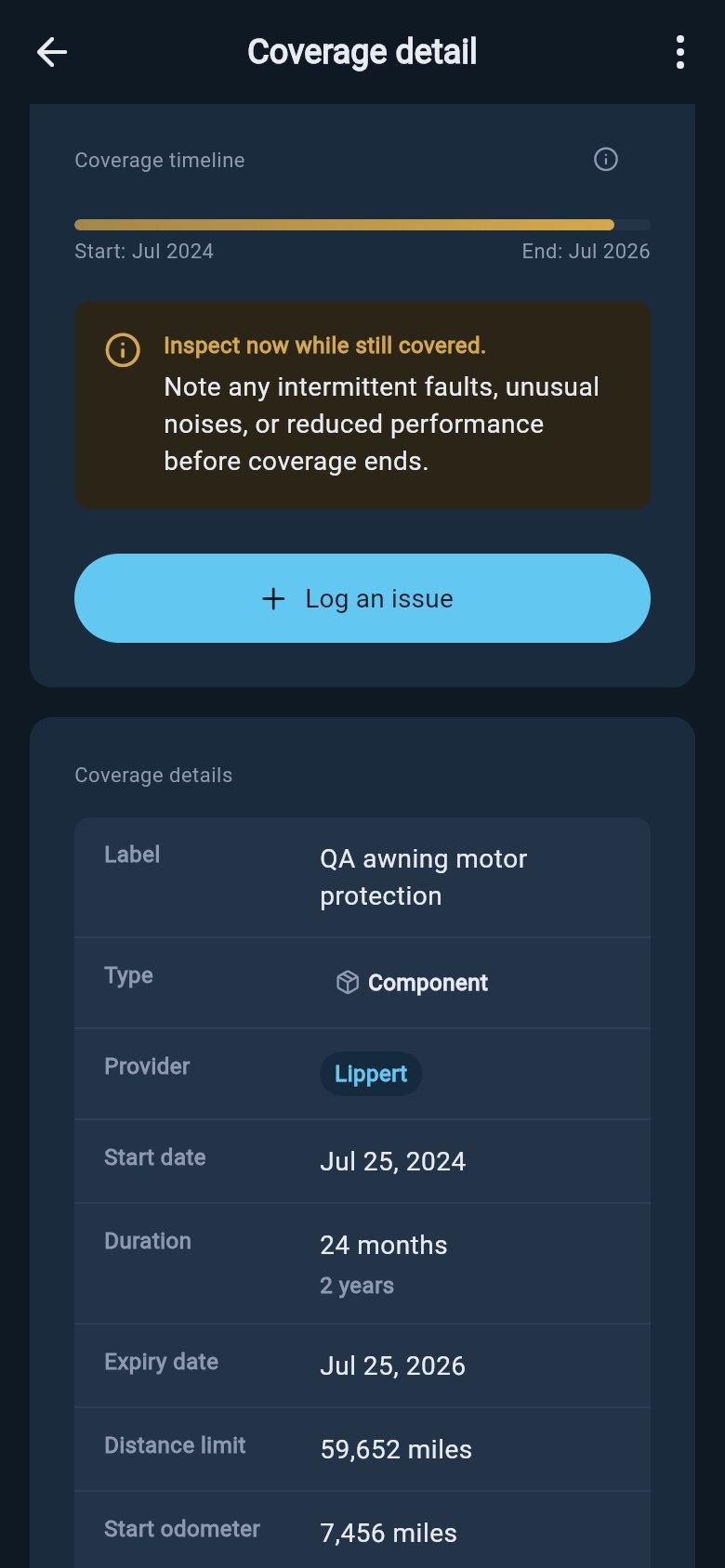 Coverage detail screen showing a stored mileage limit and starting odometer for a warranty.