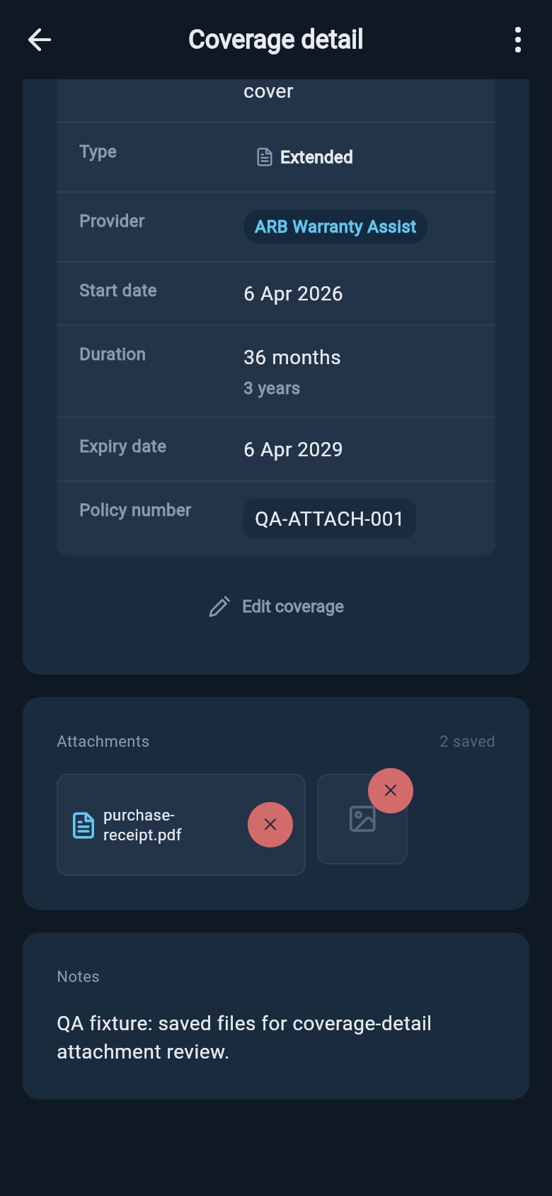 Coverage detail screen showing an Attachments card with saved warranty files and remove actions.