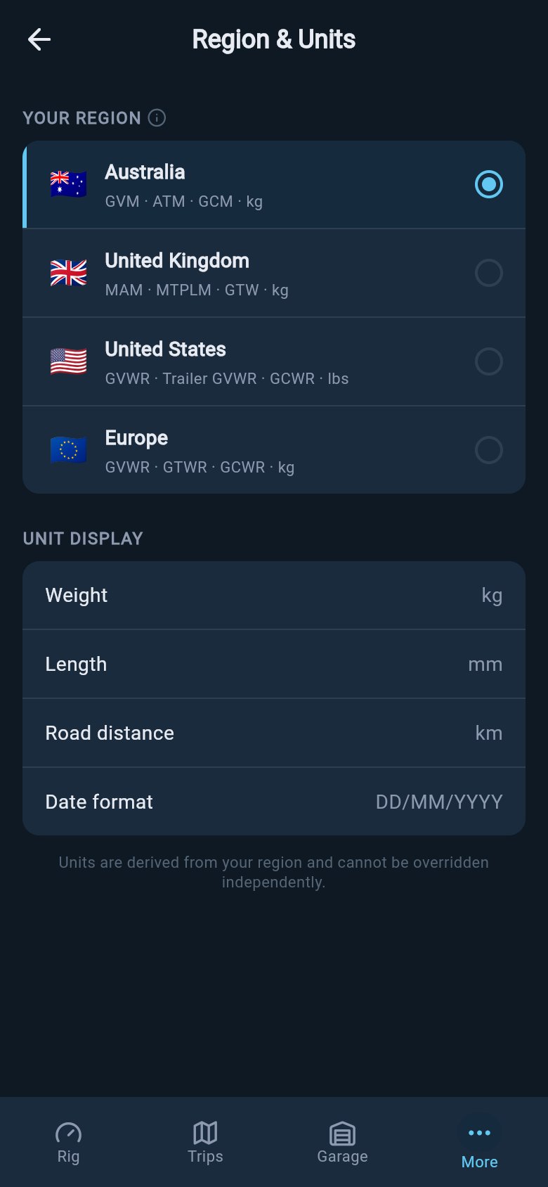 Region and Units screen listing Australia, United Kingdom, United States, and Europe, each with towing terminology previews.