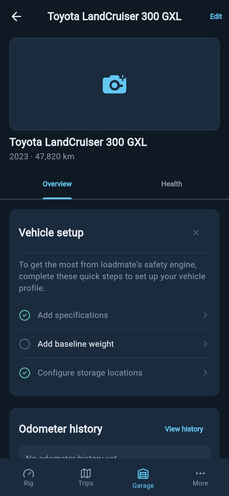 Vehicle overview setup checklist showing Add specifications, Add baseline weight, and Configure storage locations.