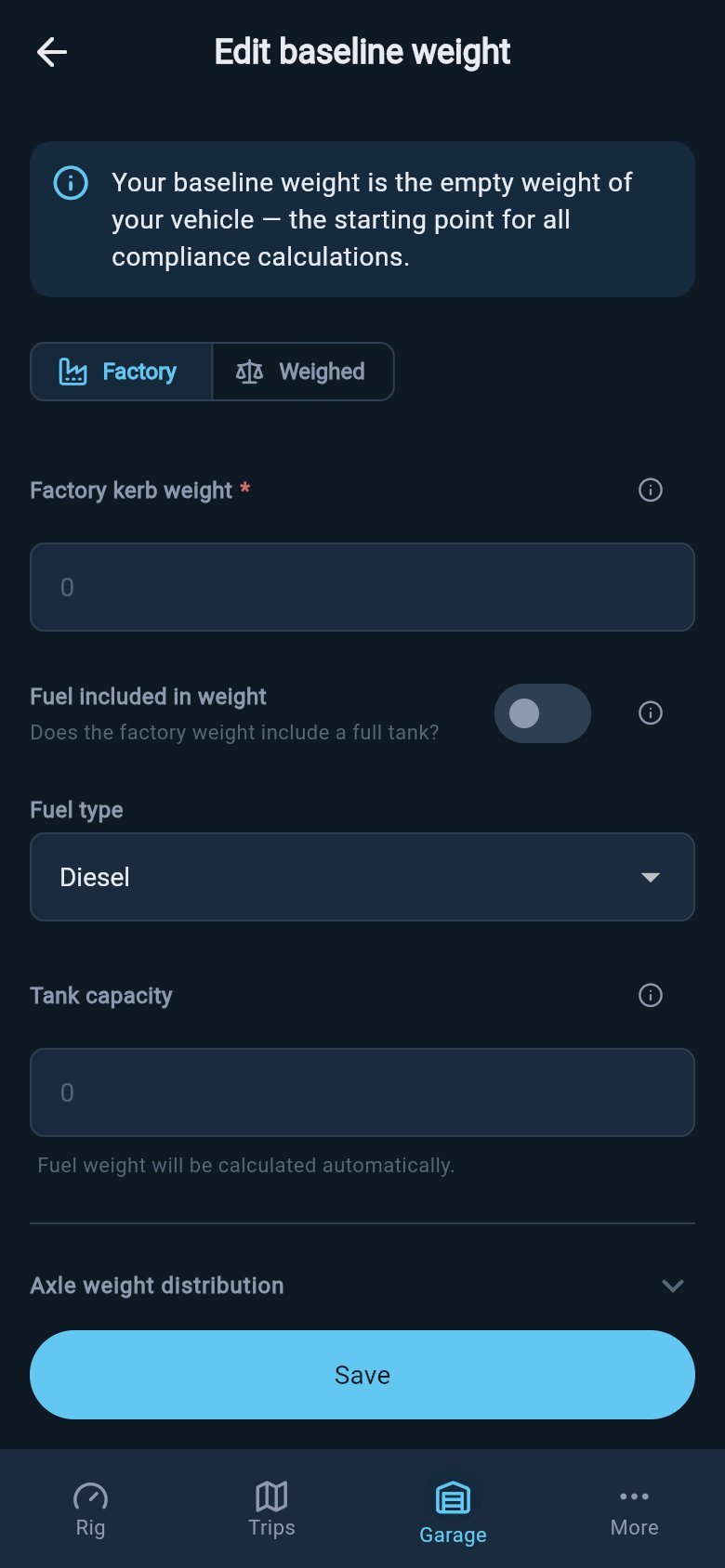 Factory baseline weight tab with kerb weight, fuel-included toggle, fuel type, and tank capacity fields.
