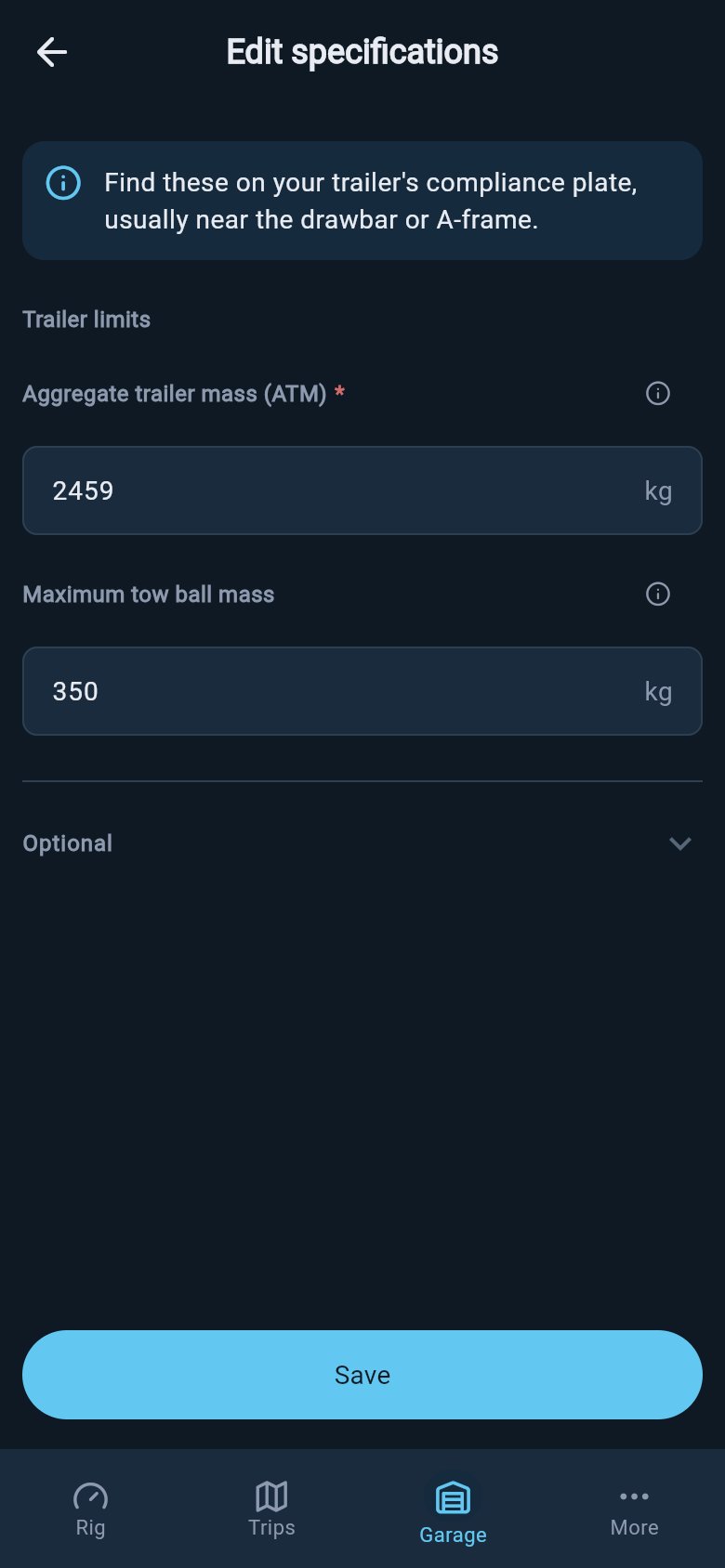 Edit specifications screen showing the trailer laden limit, the maximum tow ball mass, and a collapsed Optional section.