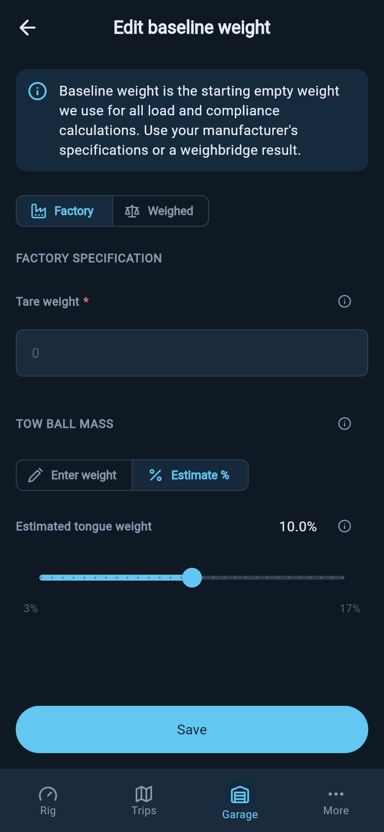 Factory baseline with Estimate % selected, the tongue-weight slider at 10 percent, and a 3 to 17 percent range.