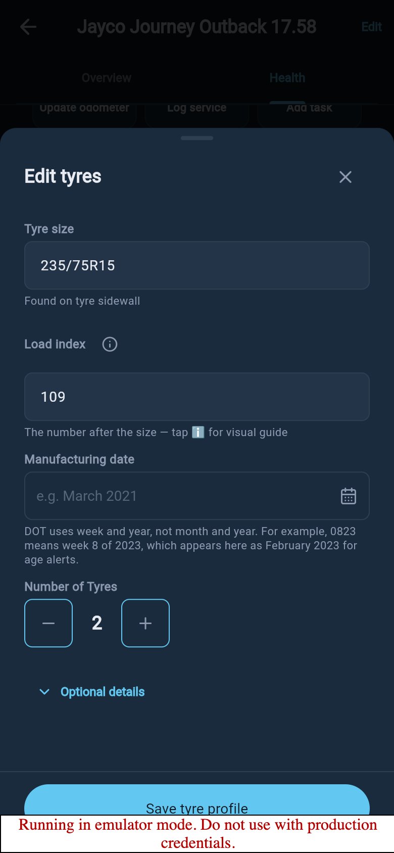 Edit tyres form with tyre size, load index, manufacturing date, tyre count, optional details, and save action.