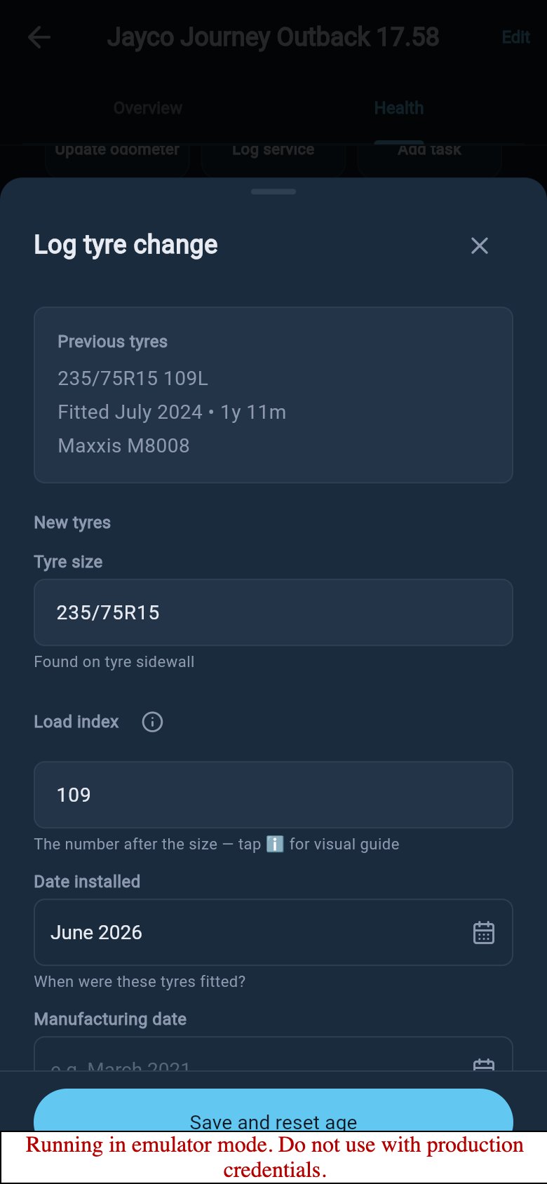 Log tyre change sheet with previous tyres, new tyre size, load index, installed date, manufacturing date, and save action.