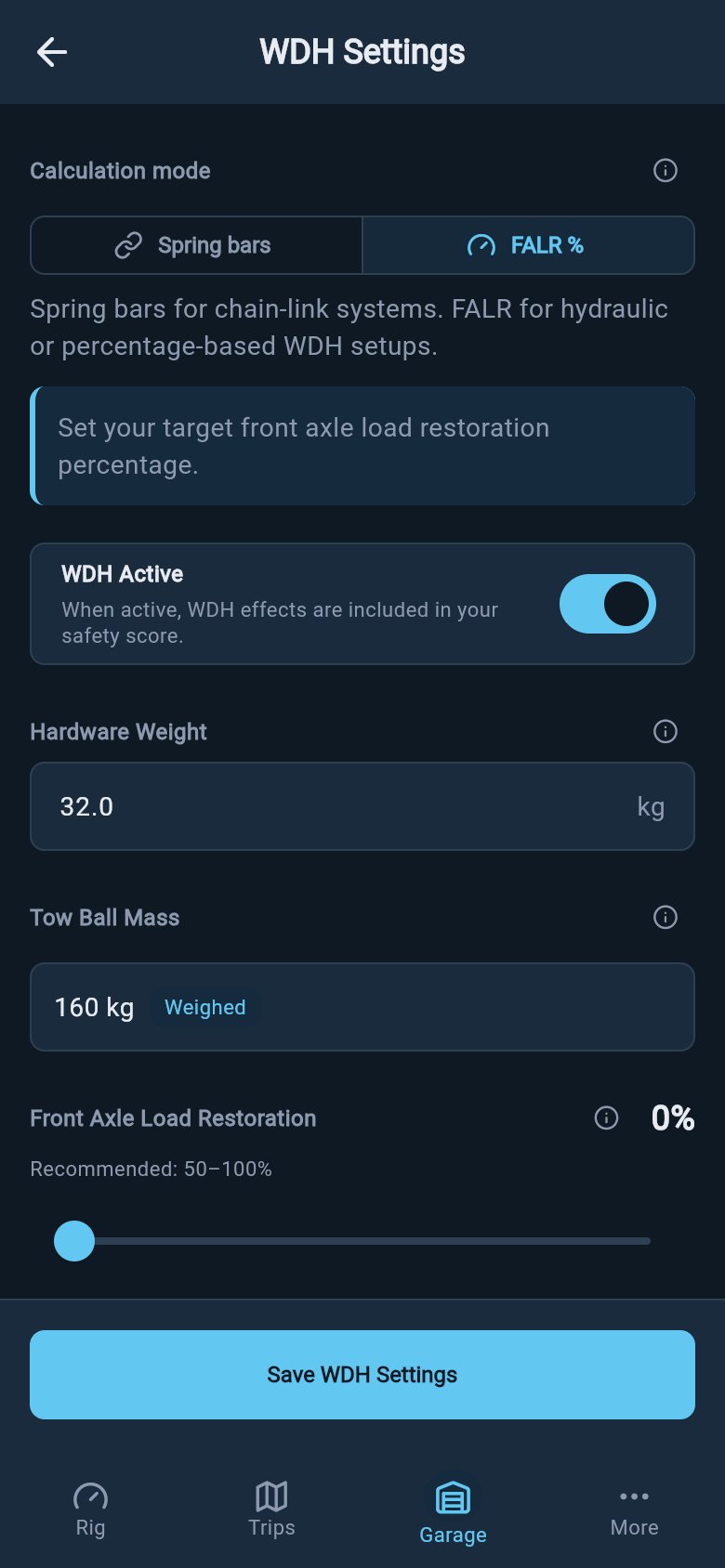 WDH settings screen with the FALR mode selected, the WDH Active toggle on, hardware weight, the resolved tow ball mass, and the Front Axle Load Restoration slider.