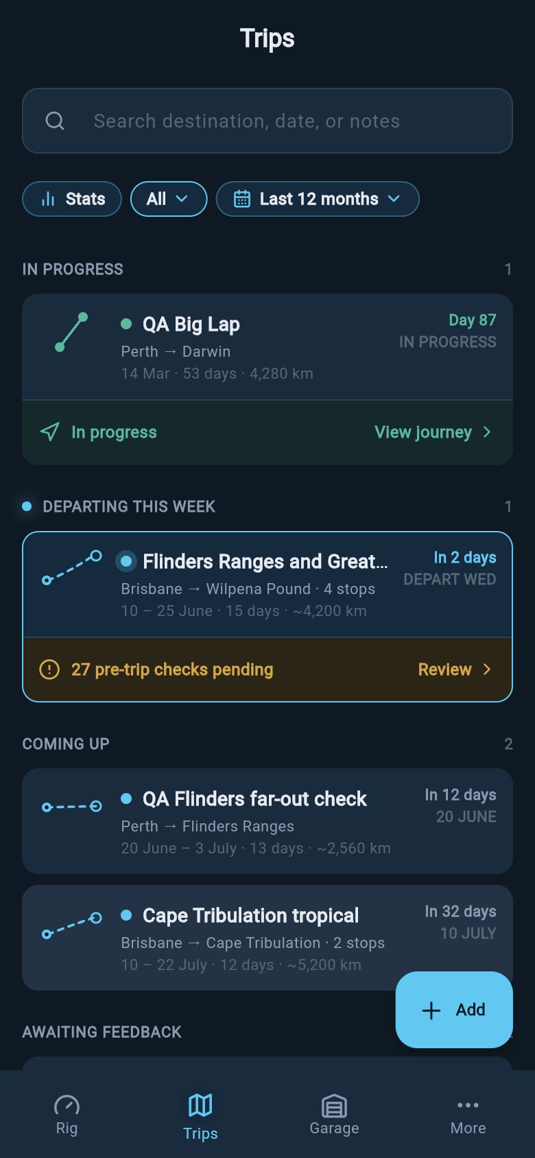Trips list showing in progress, departing this week, coming up, and awaiting feedback sections