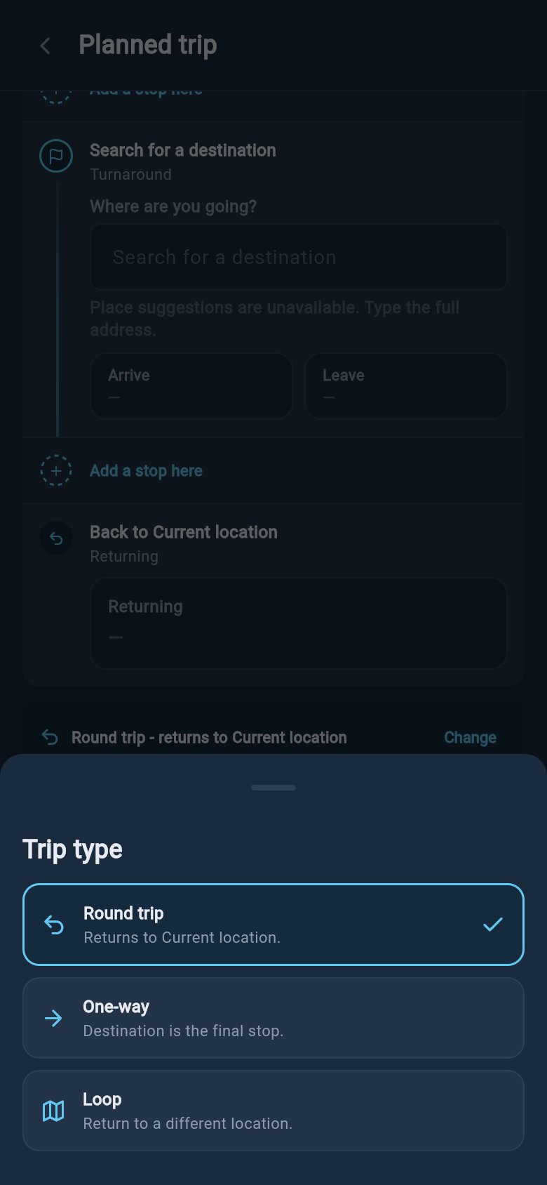 Trip route shape picker showing Round trip, One-way, and Loop choices