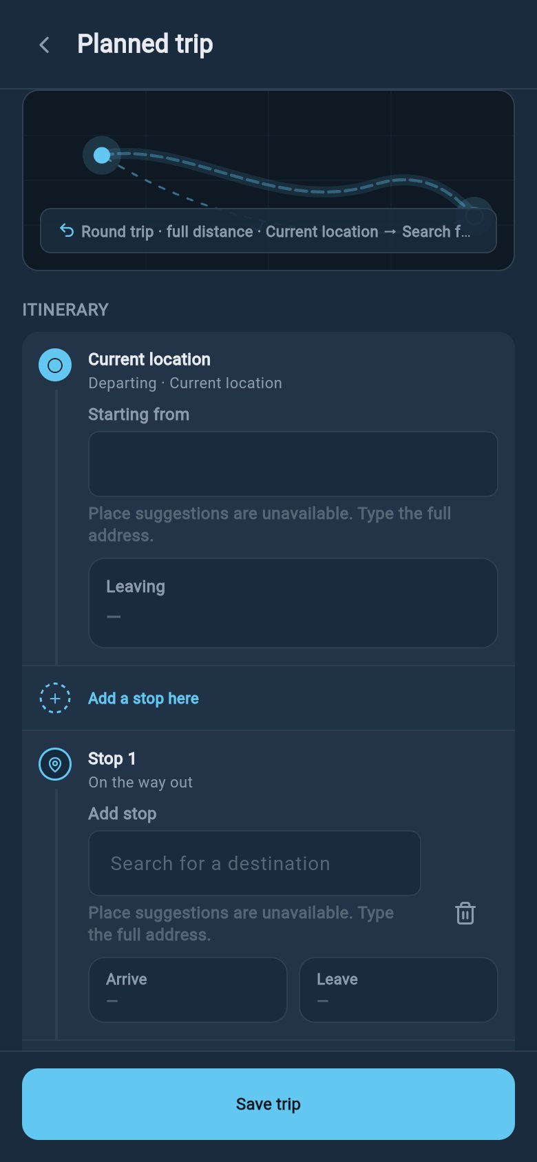 Planned trip form showing an added stop and Save trip action