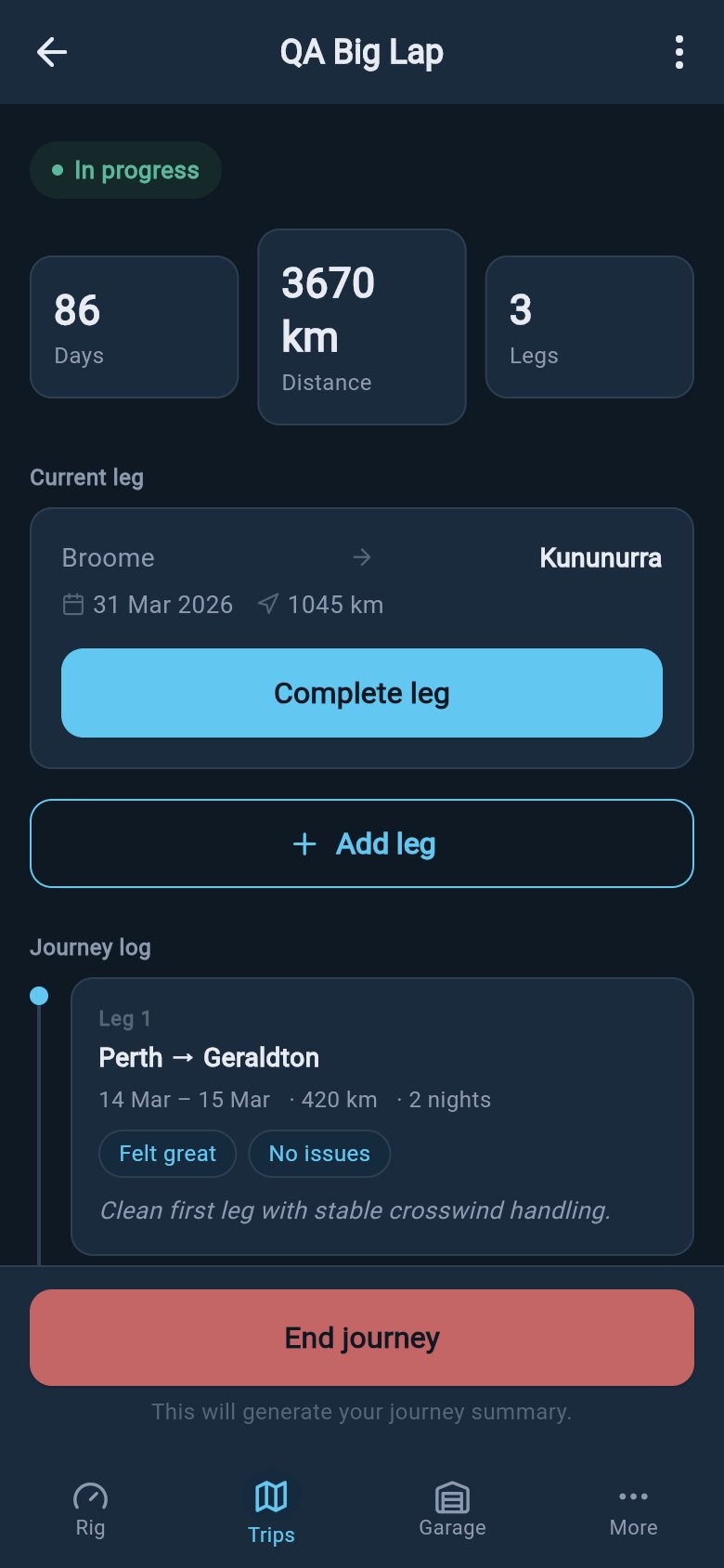 In-progress trip dashboard showing the current leg, trip distance, completed legs, journey log, and End journey action