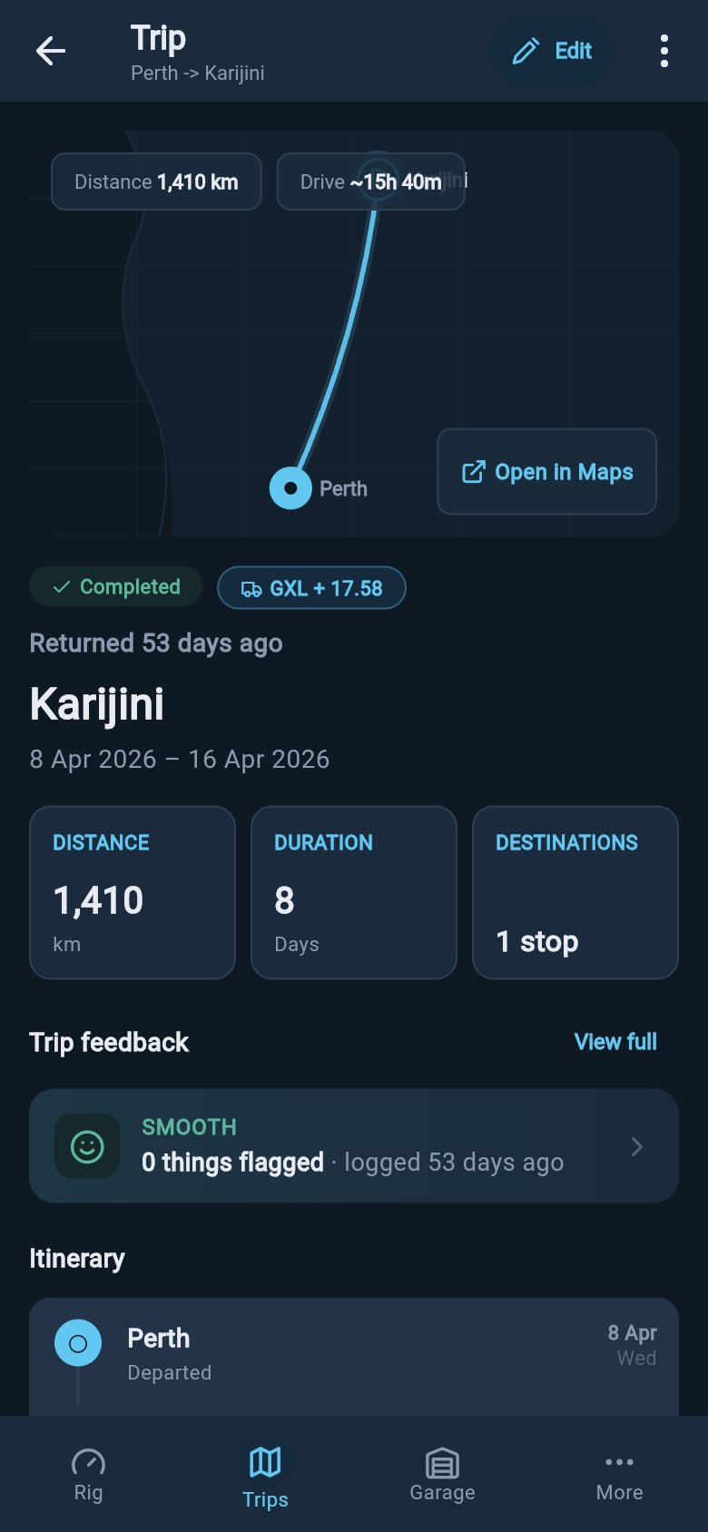 Completed trip story showing the route map, Open in Maps button, returned date, and distance, duration, and destination stats