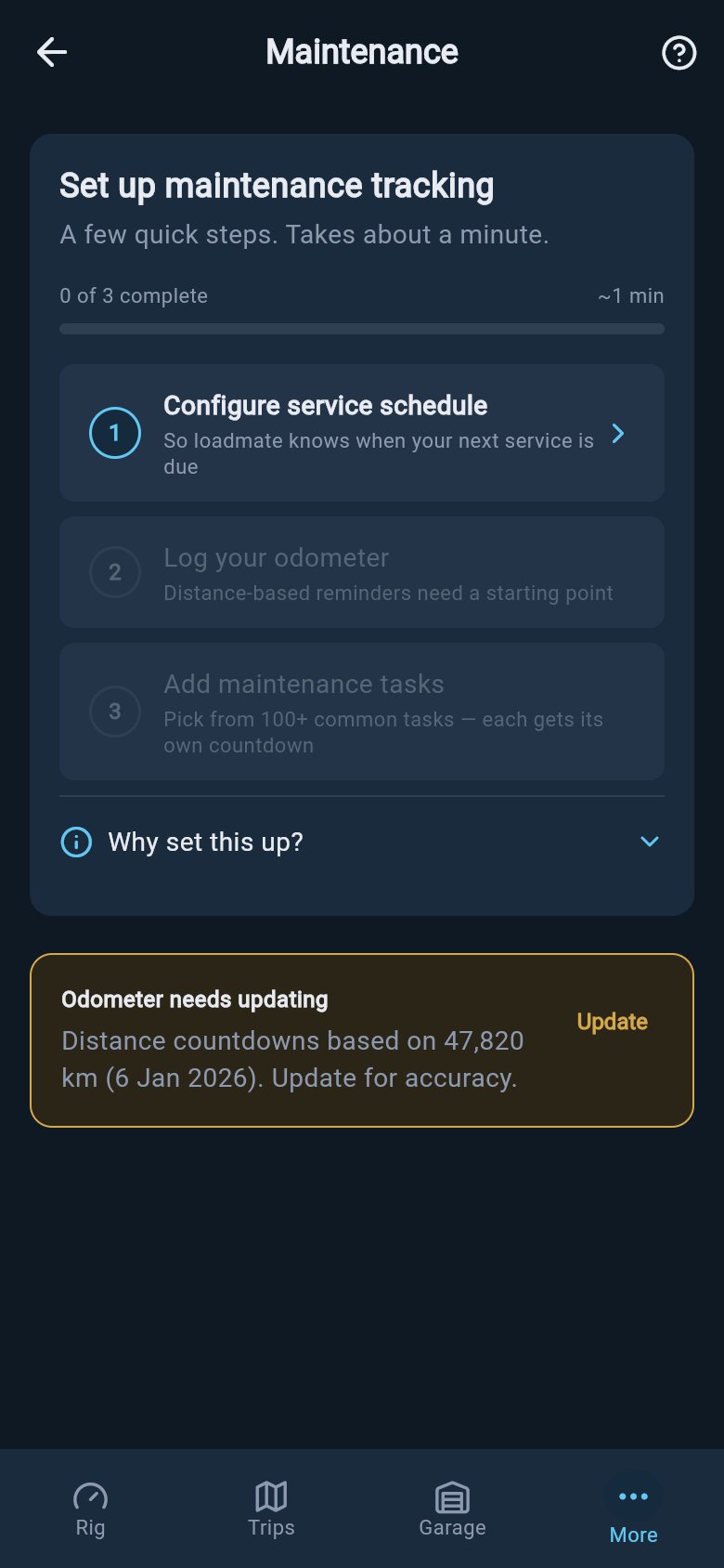 First-time Service & Tasks setup checklist with the service schedule, odometer, and maintenance task steps still open.