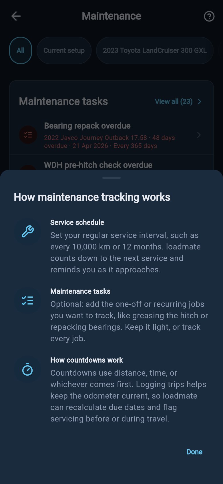 How maintenance tracking works help sheet explaining the service schedule, maintenance tasks, and countdowns.