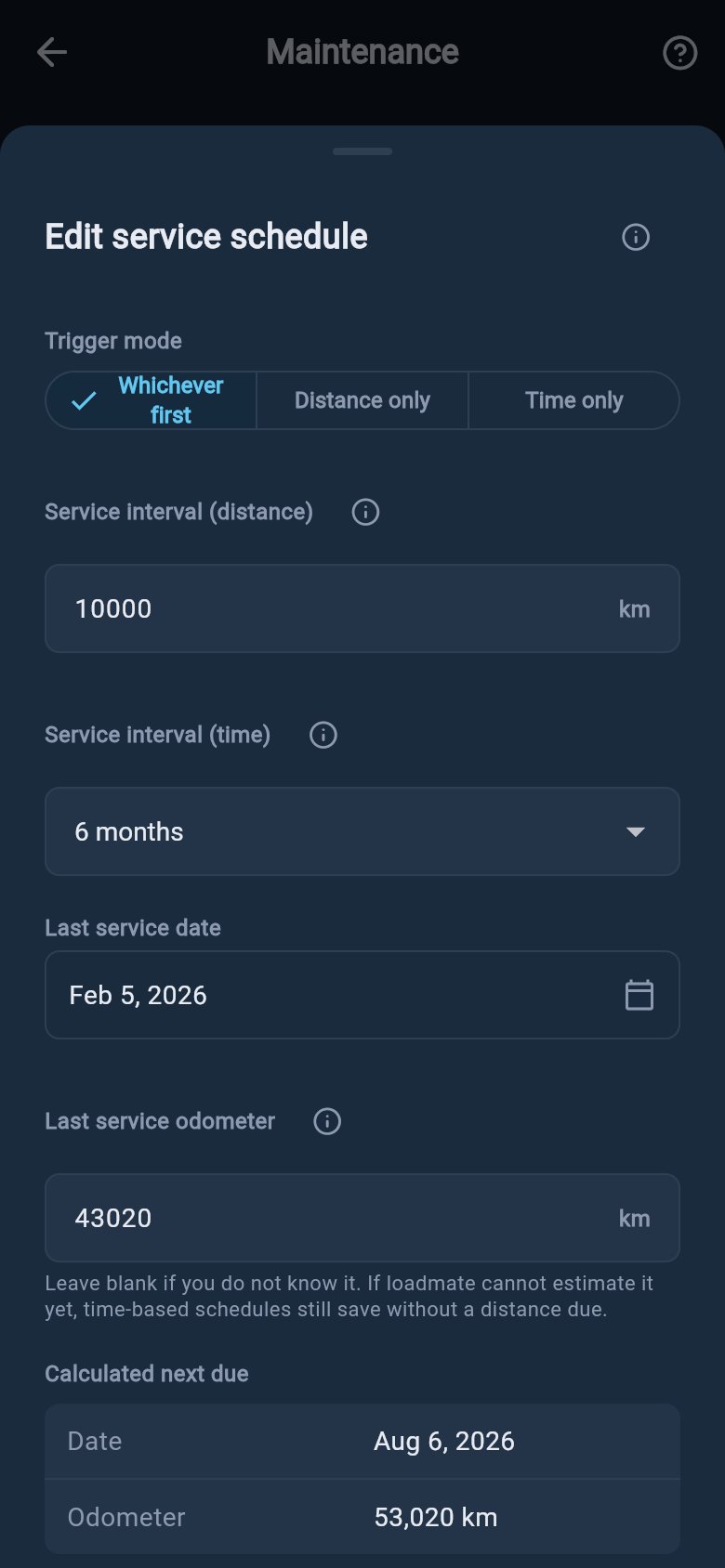 Edit service schedule sheet with trigger mode, distance interval, time interval, last service date, and last service odometer fields.