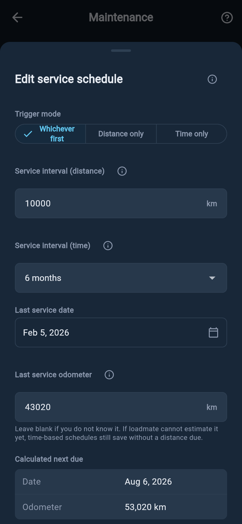 Trigger mode selector changing between Whichever first, Distance only, and Time only.