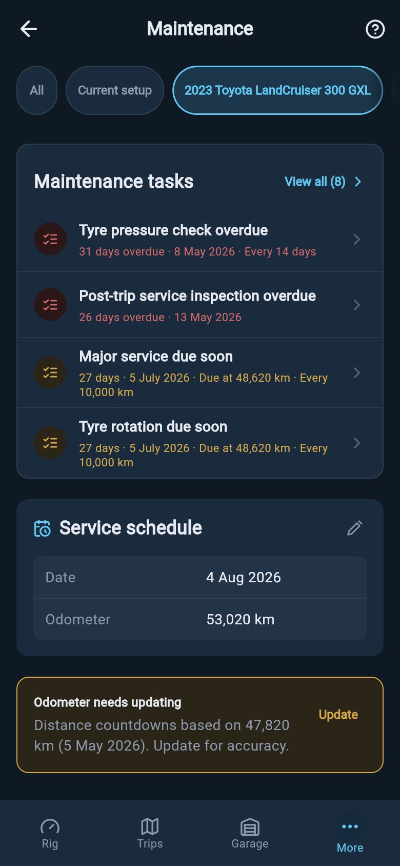 Service schedule card on the maintenance hub with the next due odometer and an odometer needs updating reminder.