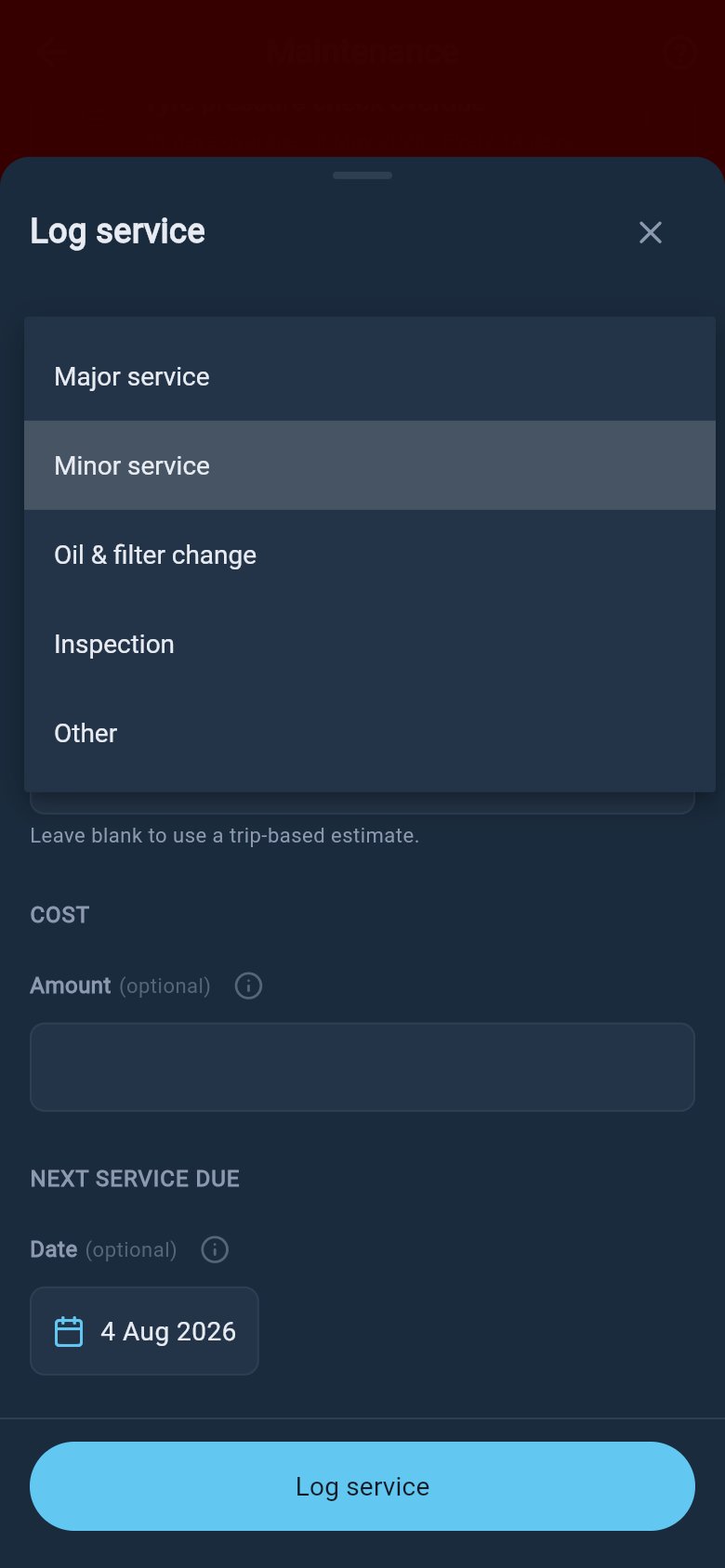 Log service sheet with the service type menu expanded to show major service, minor service, oil and filter change, inspection, and other.