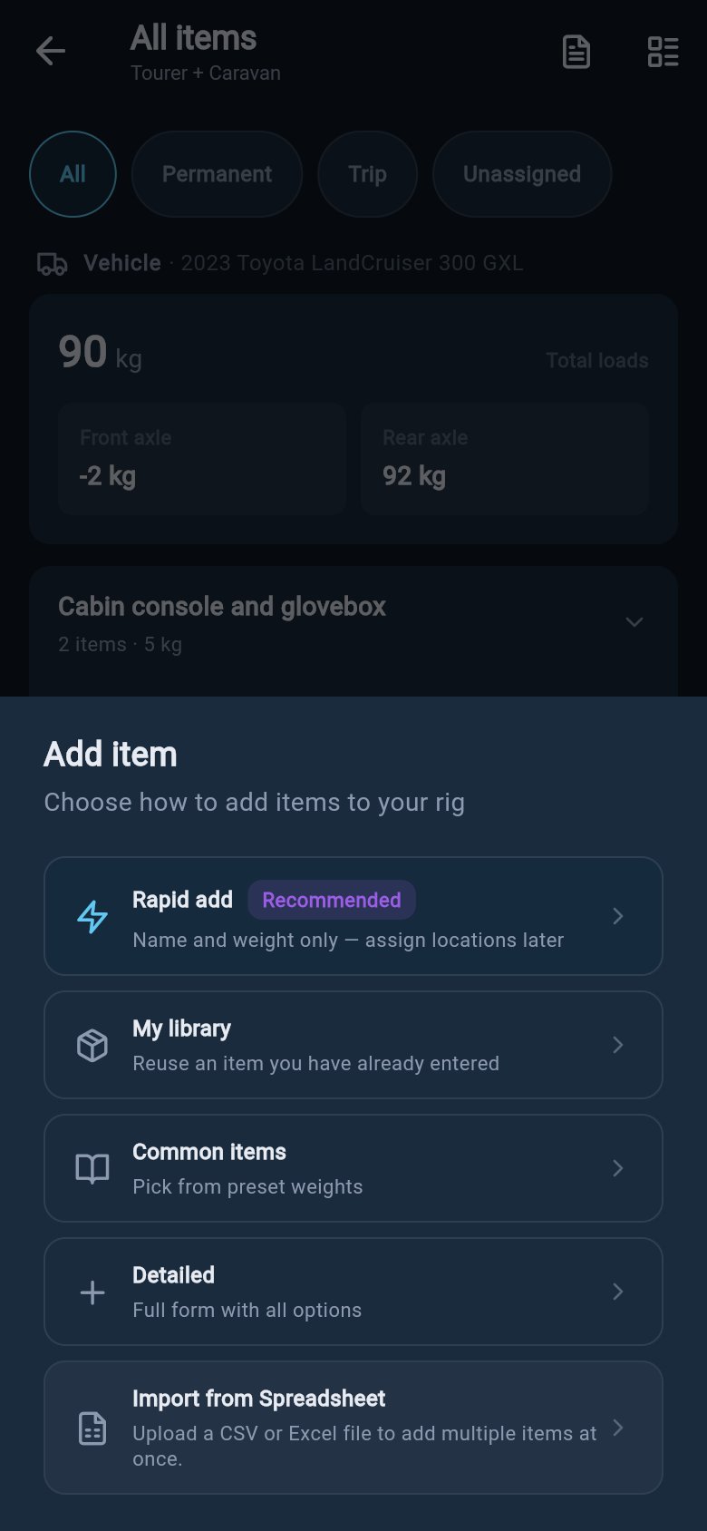The Add item method picker showing My library and Common items as separate options