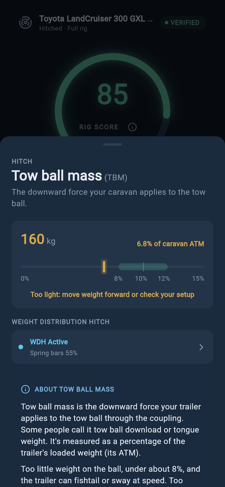 Tow ball mass sheet showing the current coupling weight, stability band, and WDH status.