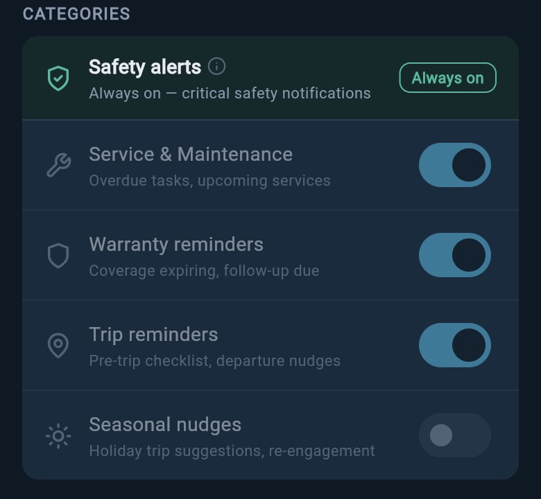 Categories card showing Safety alerts always on and Service and Maintenance, Warranty reminders, Trip reminders, and Seasonal nudges switches.