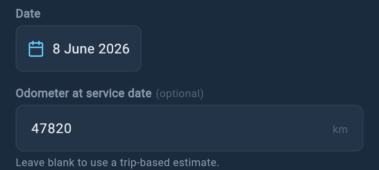 Log service sheet showing the service date and odometer at service date fields.